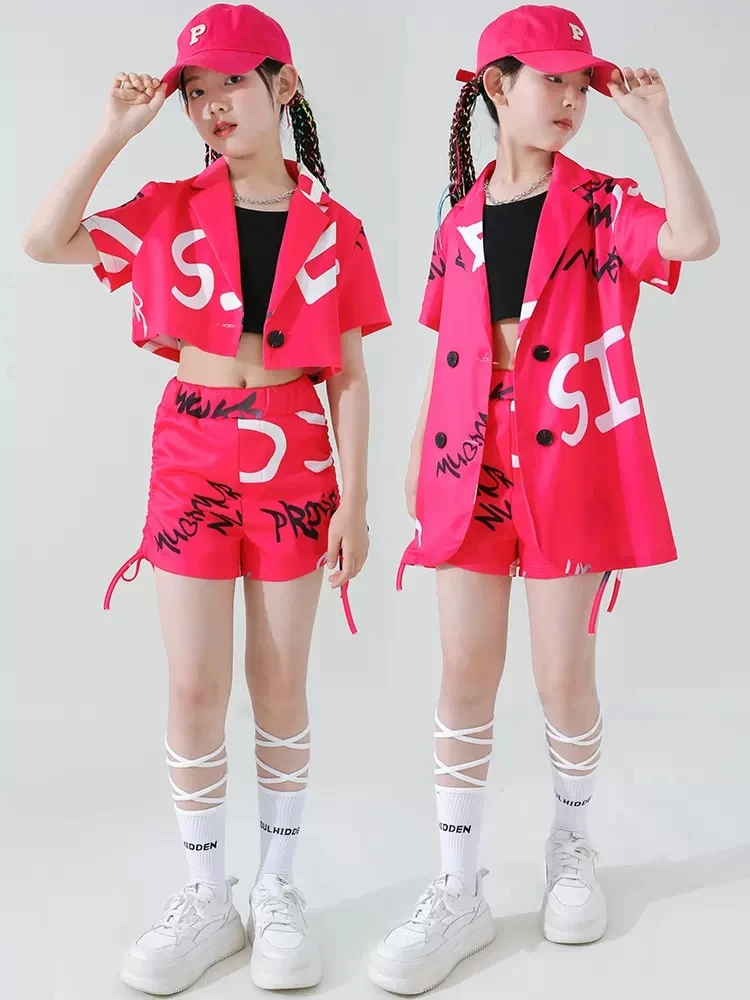 

Girls Pink Suit Jazz Dance Performance Clothes Hip Hop Dance Outfit Short Sleeves Kids Kpop Music Festival Stage Wear BL10482