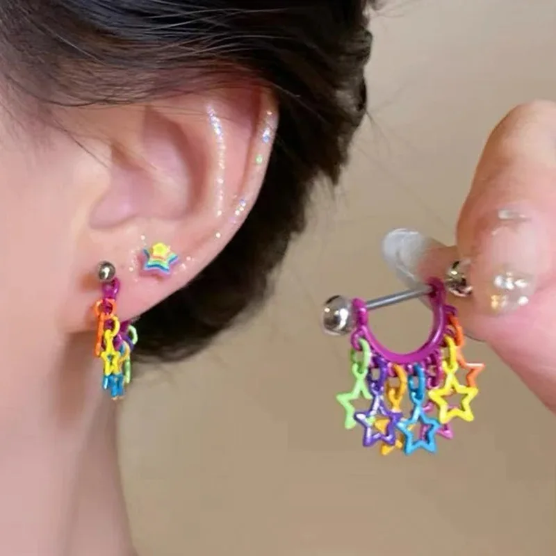 Punk Dopamine Shiny Star Tassel Colored Ear Bone Studs for Women Creative Luxury  Allergy Prevention Earrings Jewelry Gifts 2026