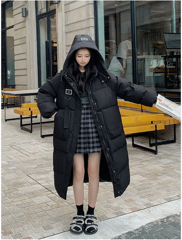 2025, lässige Daunen-Baumwolljacke für Damen, solide Langarm-Outwear, mit Kapuze, X-lange Parkas, Winter-Pufferjacke, dicker, warmer Schneemantel