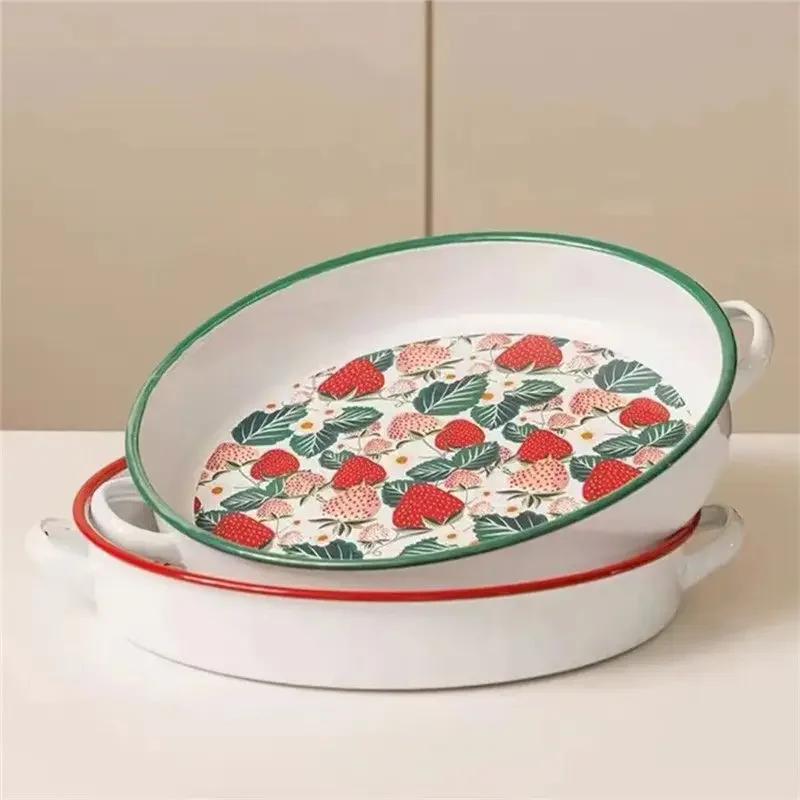 Thickened Enamel Double-ear Disc Enamel Nordic Large Fruit Bowl Tray Fruit Plate Can Be Heated Baking Tray with Side Dishes ins