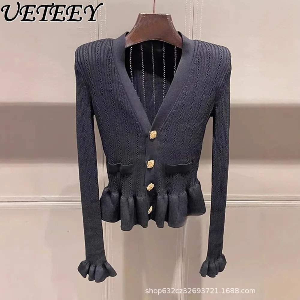 Early Autumn New Knitted Sweater Women's High-end Temperament Thin V-neck Top French Metal Buckle Temperament Cardigan