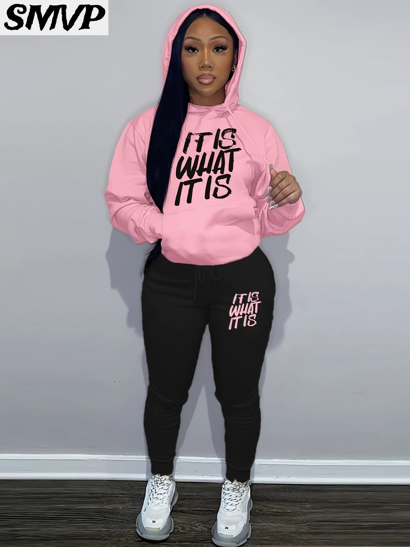 

SMVP Family Kids Cotton Hoodie Set Black Pink IT IS WHAT IT IS Text Print Two Piece Outfit Parent Child Matching Loungewear