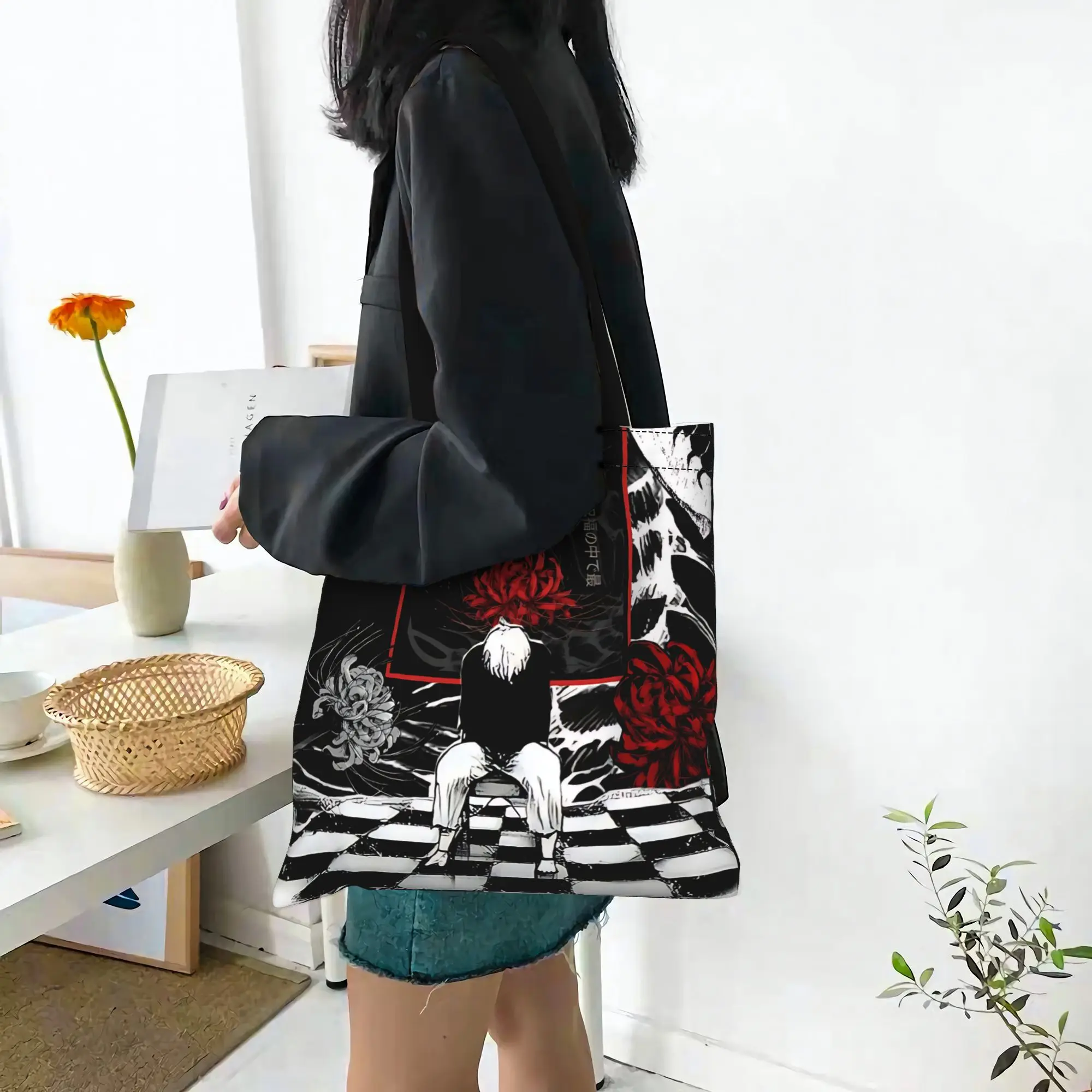 Customized Halloween Tokyo Ghoul Kaneki Women's Bag Campus Handbag Large Capacity  Canvas Tote Bag Foldable Chic Pattern