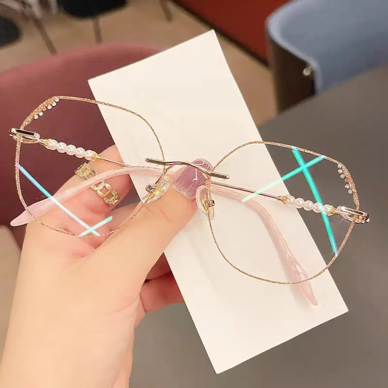 Women’s Diamond-Edged HD Blue Light-Blocking Glasses with Plus Dioptres Rimless Pearls Large-Frame Stylish and Versatile Eyewear