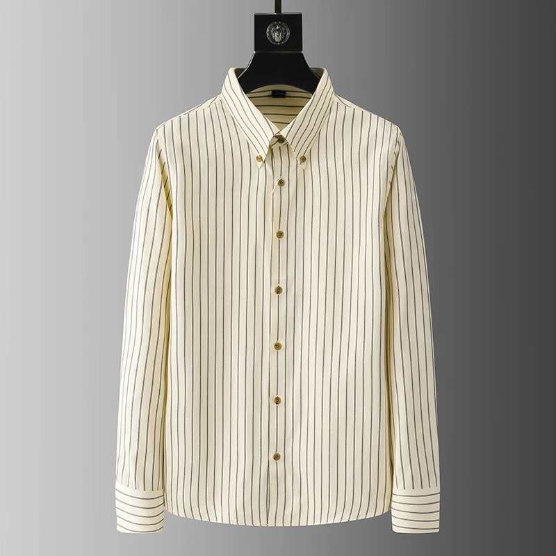 High-End Vertical Striped Pointed Collar Shirt for Men, Spring and Autumn Business Commute, Slim Fit, Premium Non-Iron Wrinkle-Resistant Long-Sleeve Shirt