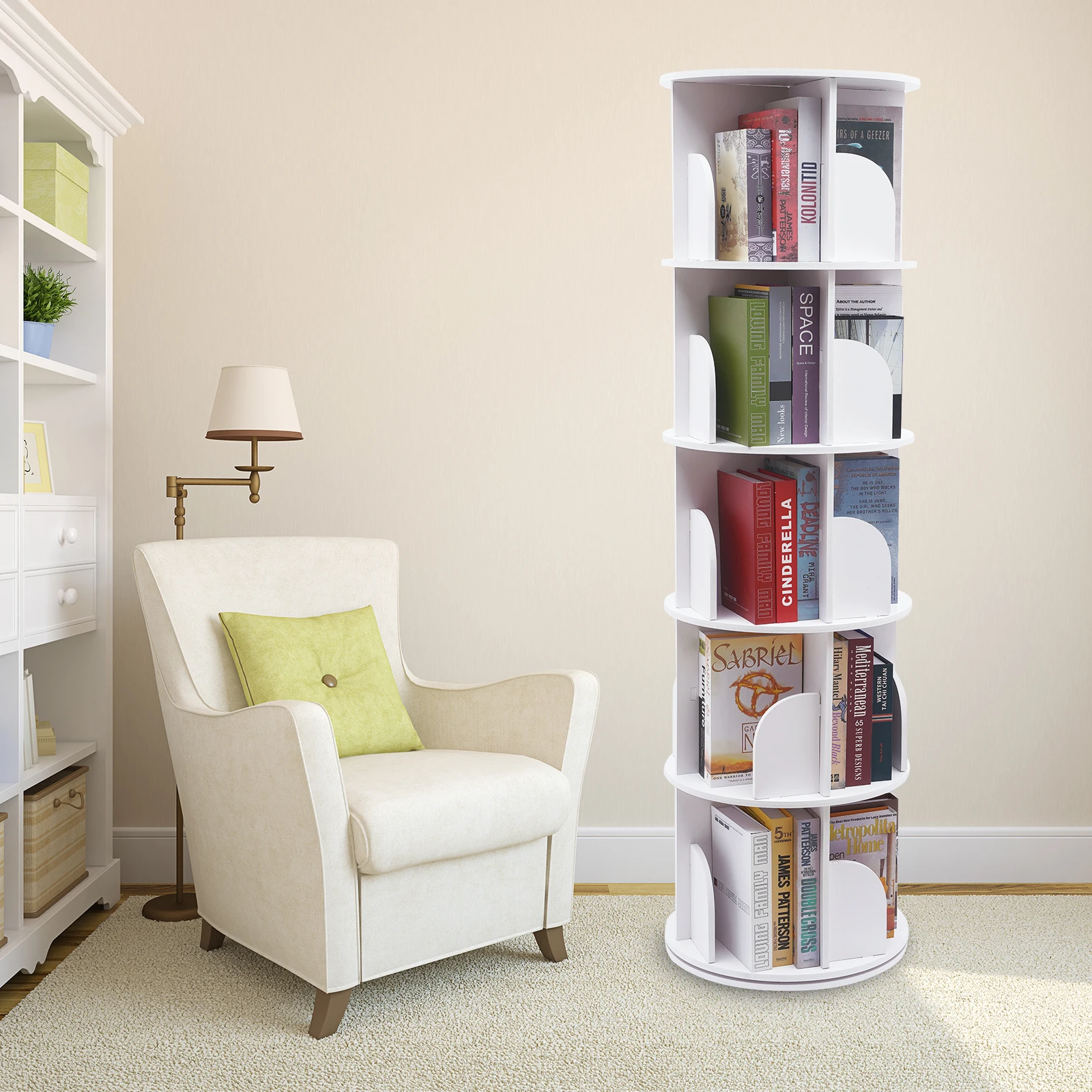 5 Tier 360° Rotating Stackable Shelves Bookcase Organizer PVC Desktop Bookshelf Counter White