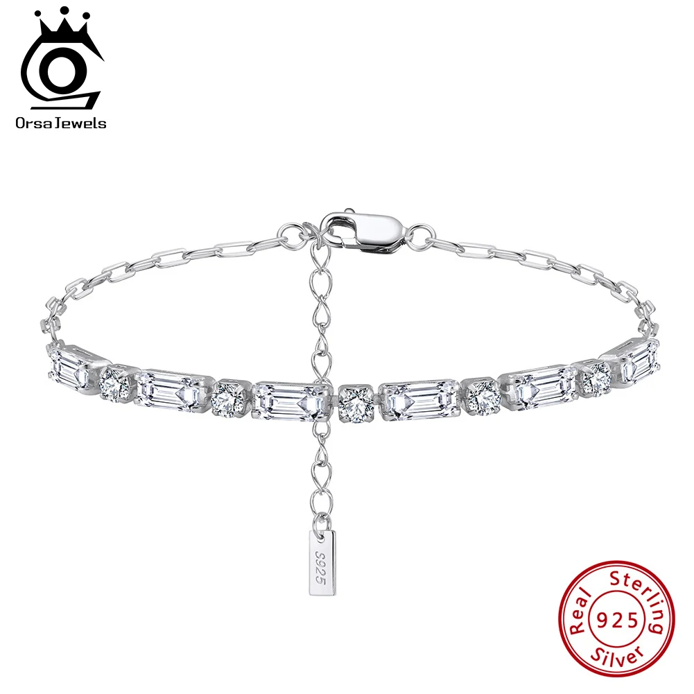 ORSA JEWELS Authentic 925 Sterling Silver 3mm Tennis Chain Bracelet Sparkling Hanmade Zirconia Hand Chain for Man Woman SB214