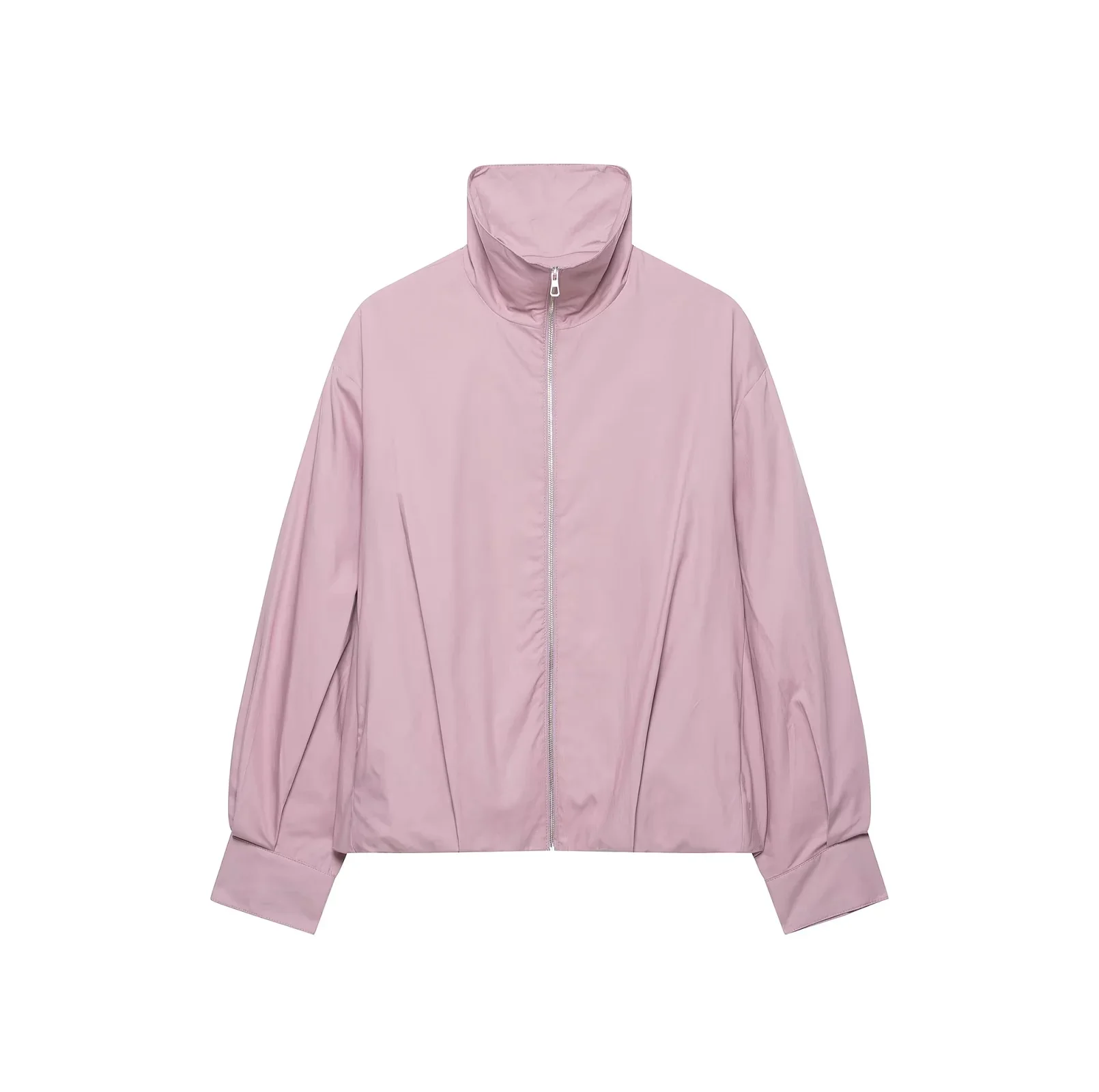 New Autumn Women's Long Sleeve Stand Collar Elastic Hem Short Jacket Casual Style Polyester Fiber Zipper Closure Standard Fit