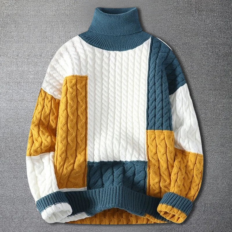 

Geometry Contrasting Color Stitching Men Turtleneck Sweater Slim Knitted Pullover Sweater Social Dress Shirt Streetwear Clothing