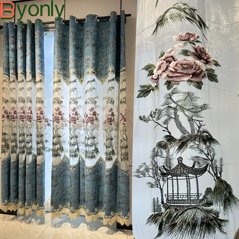 Chinese Advanced Sense Curtains for Living Room Chenille Embroidery Garden Window Screen Balcony Floor Decorative Gauze