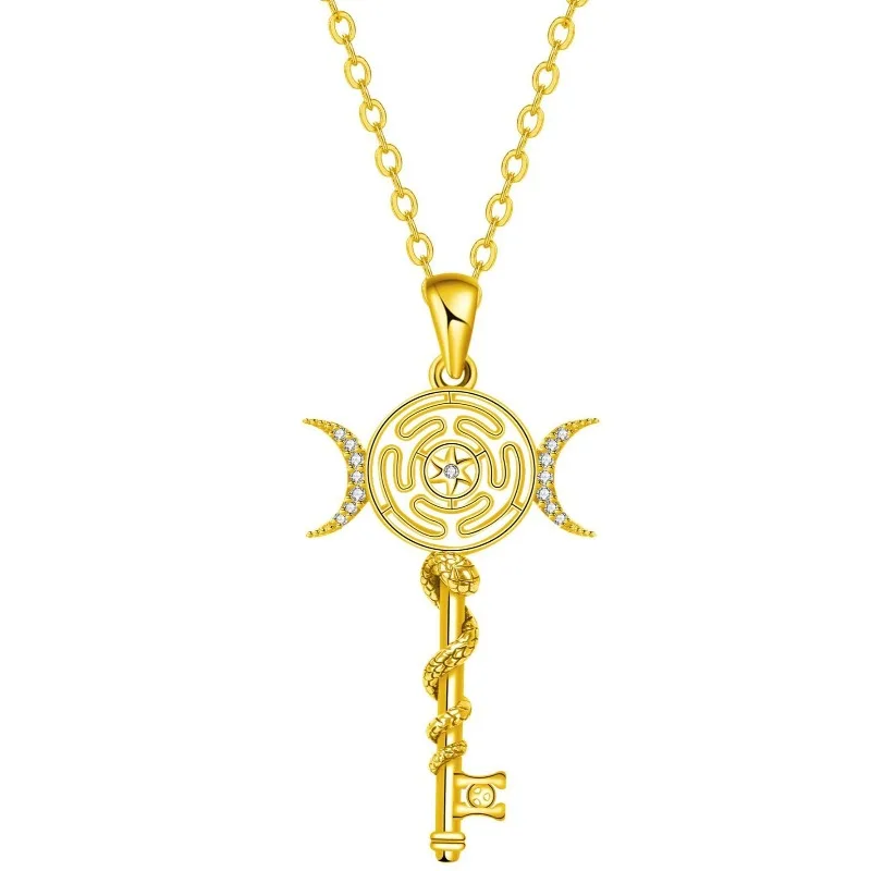 Hekate Rad-Halskette für Damen und Herren, 18 Karat vergoldet, Schlangenschlüssel, Dreifach-Mondgöttin-Anhänger, Halsketten, heidnischer Schmuck