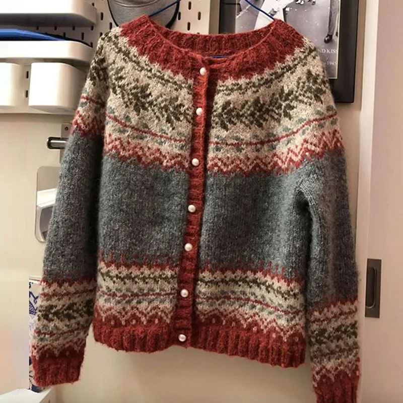 Fair Isle Knit Cardigan Crew Neck Long Sleeve Vintage Pattern Button Down Casual Sweater Outerwear Women Valentine Gift 260701