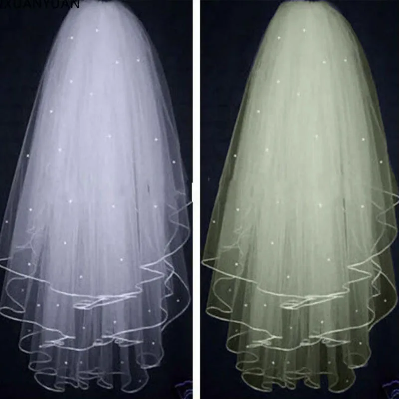 Voile de Mariage Simple à Deux Couches avec Perles pour Patients, Accessoires en Tulle Court Blanc Ivoire avec Peigne