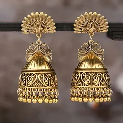 2024 Ethnic Jhumka Earrings for Women Nepal Bohemian Jewelry Exaggerated Retro Indian Style Hollow Bell Pendant Peacock Earrings