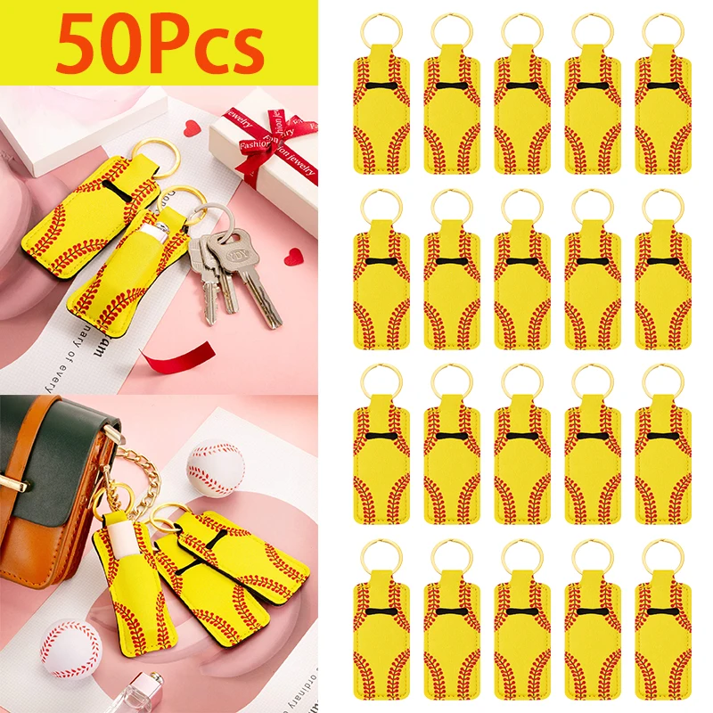 

50pcs Keychains Neoprene Yellow Baseball Lipstick Holder