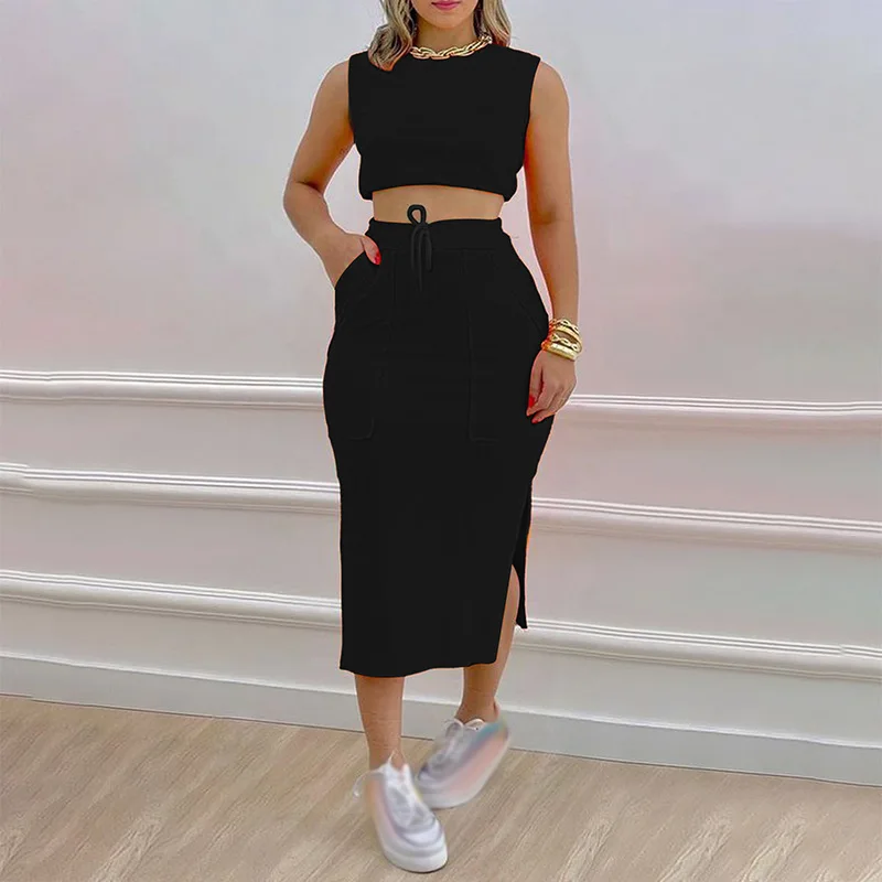 Women\'s Skirt Set Solid Round Neck Short Sleeveless Top and Fashionable Temperament Half Dress Suit Streetwear Summer 2024 New