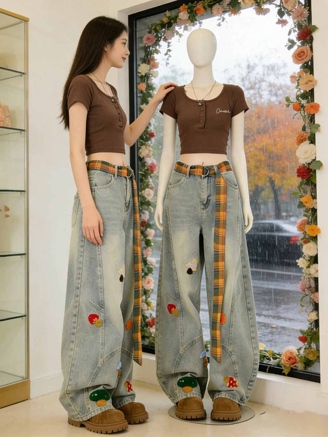 

plus Size Women's American Cartoon Embroidery Wide Leg Jeans High Waist Loose Fit Scythe Pants Casual Comfortable Breathable