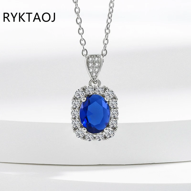 925 Sterling Silver Oval Blue Sapphire Color Zircon Jewelry Set 3Pcs for Women Halo Gemstone Ring Earrings Necklace Jewelry Gift