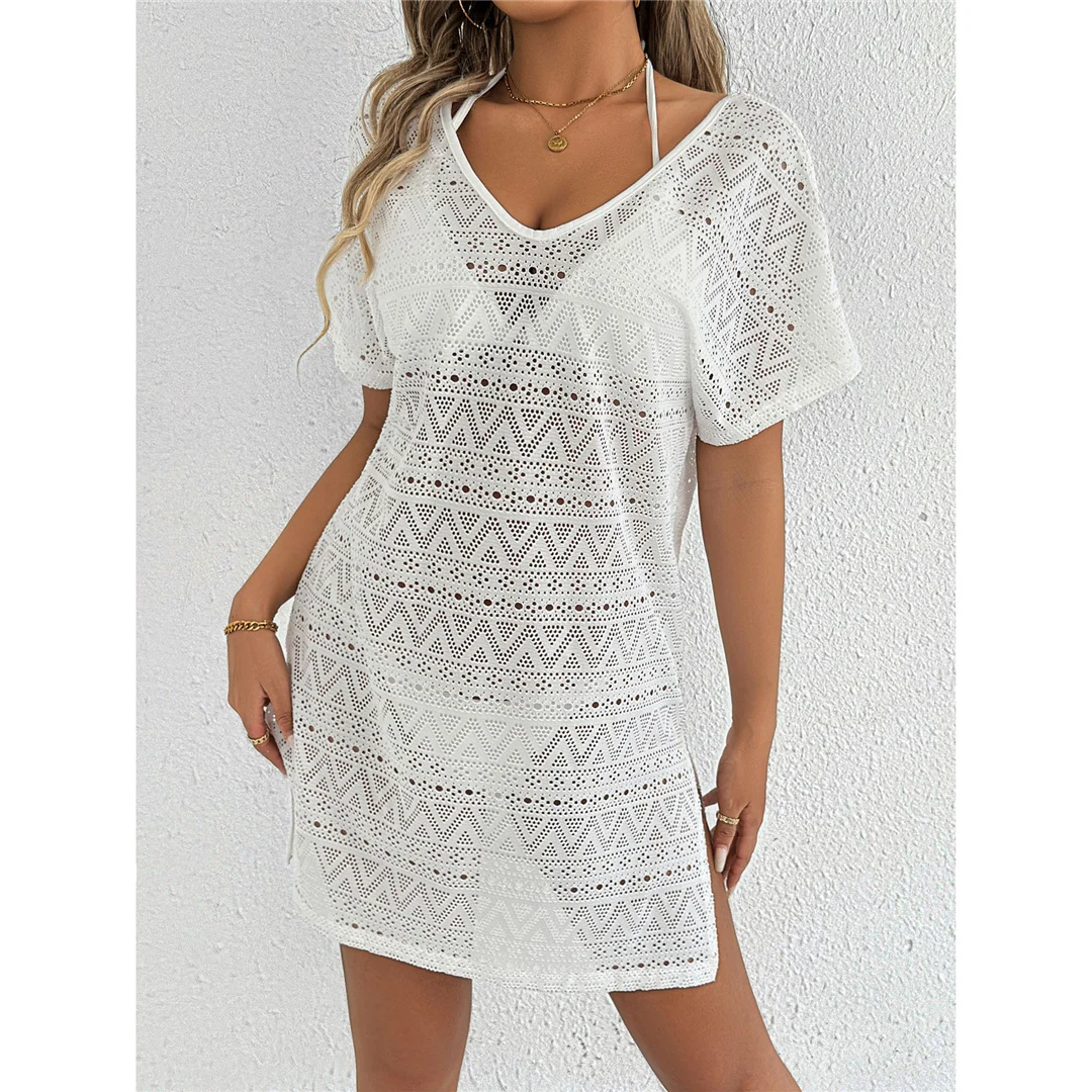 S - XL, V-Ausschnitt, kurze Ärmel, ausgestelltes, gestricktes Tunika-Oberteil, Strandkleid, Strandmode, Damen, V8214 – Detail 4