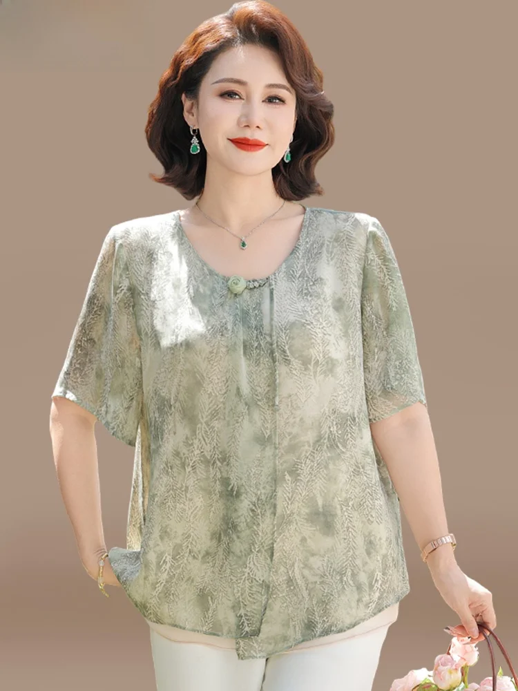 

New Chinese Sle Summer Outfit Set for Middle-Aged Women Silk Chiffon Top Loose Fit Nine-Piece Pants lectual Sle