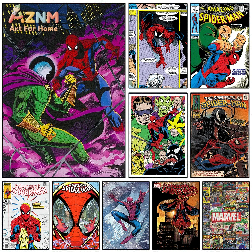 AZNM Spiderman Vintage Comic Canvas Wall Print, Classic Superhero Comic Book Art Poster, Unframed Canvas Painting for Boys Bed