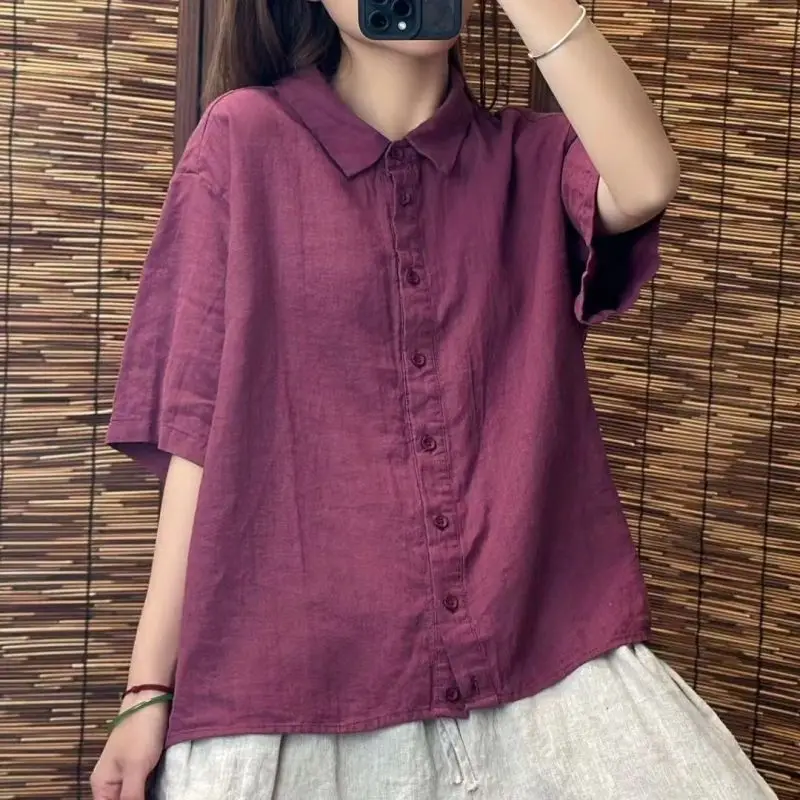 Women Summer Simplicity Loose Cotton and Linen Turn-down Collar Short Sleeve Shirts Women Clothes Casual Solid Color Trend Tops