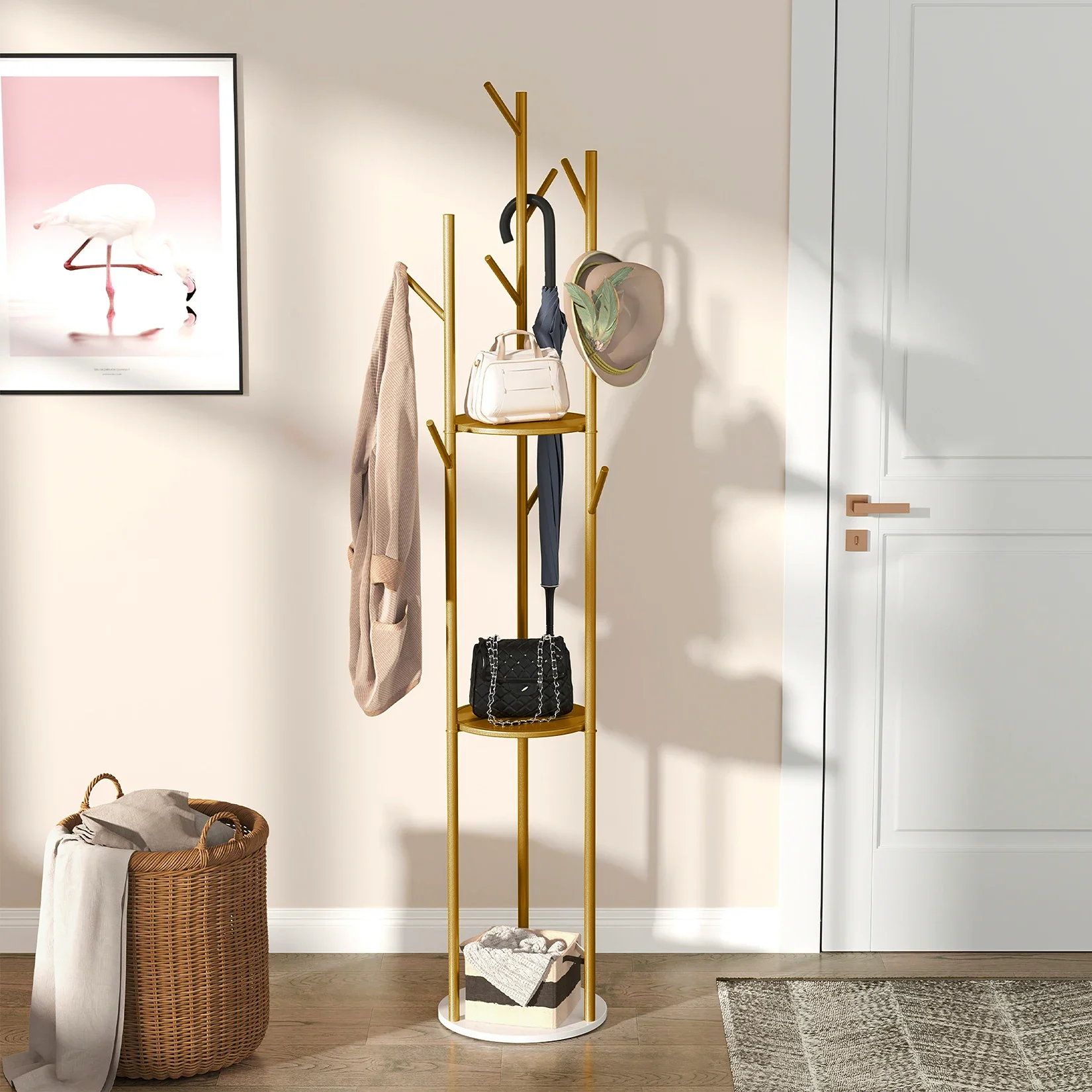 Heavy Duty Metal Coat Rack Stand Clothes Hanger Hall Tree with 3 Storage Shelves 9 Hooks and Marble Base