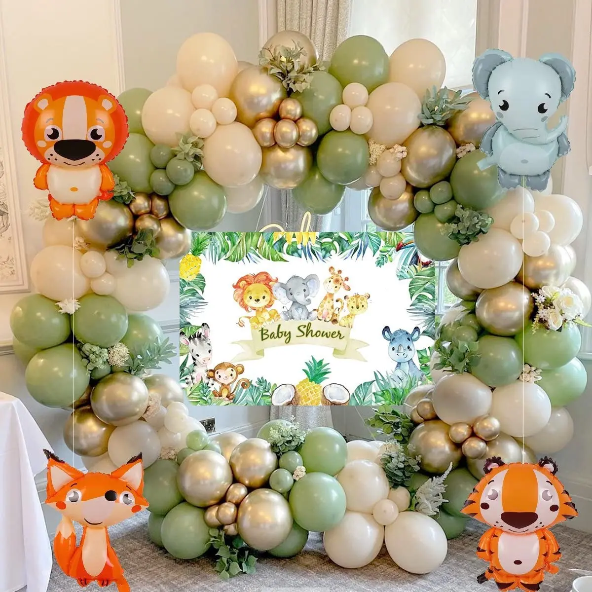 

Jungle Baby Shower Decorations DIY Boy Neutral Balloon Decorations Set Animals Baby Shower Poster Banne Sage Green and Gold Baby