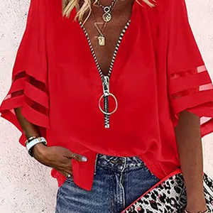 Langarm -Strickbluse für Frauen, sexy Spitzenhemd, Schrott, monochrom, Zipper, V -Neck, lose, lässige Tops, Streetwear, Sommer, 2022 12 Hauptverkaufsbluse Reißverschluss - №11