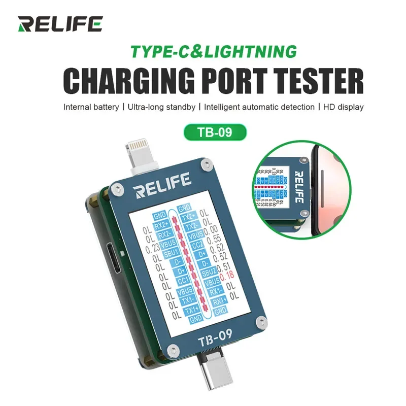 RELIFE TB-09 Intelligent Tail Plug Dock Detection Tool with HD Display for IP Android Type-C Lightning Charging Port Tester