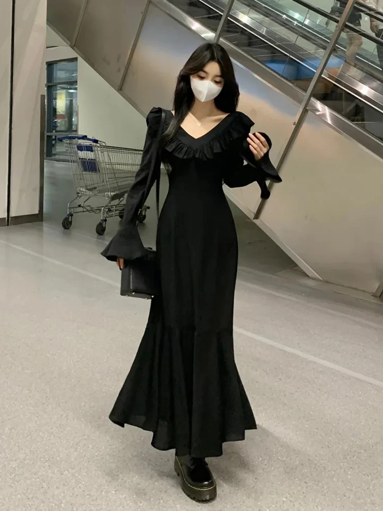 Vestido largo negro elegante para mujer, vestido de sirena