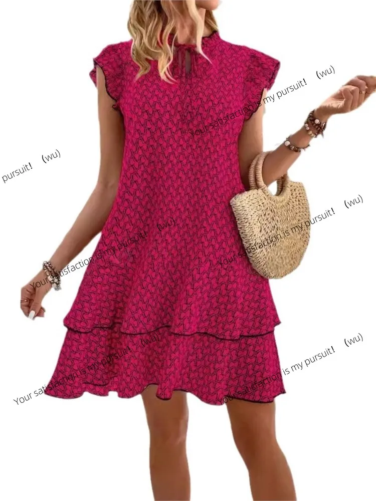 Sommer-Minikleid für Damen, Retro-Kleid mit V-Ausschnitt und Hornmuster, lange Ärmel, lockerer Saum