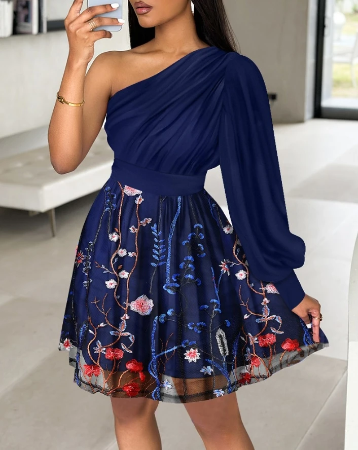 

One Shoulder Dresses for Women 2024 New Fashion Spring Summer Floral Embroidery Sheer Mesh Patch Design Elegant Party Dress