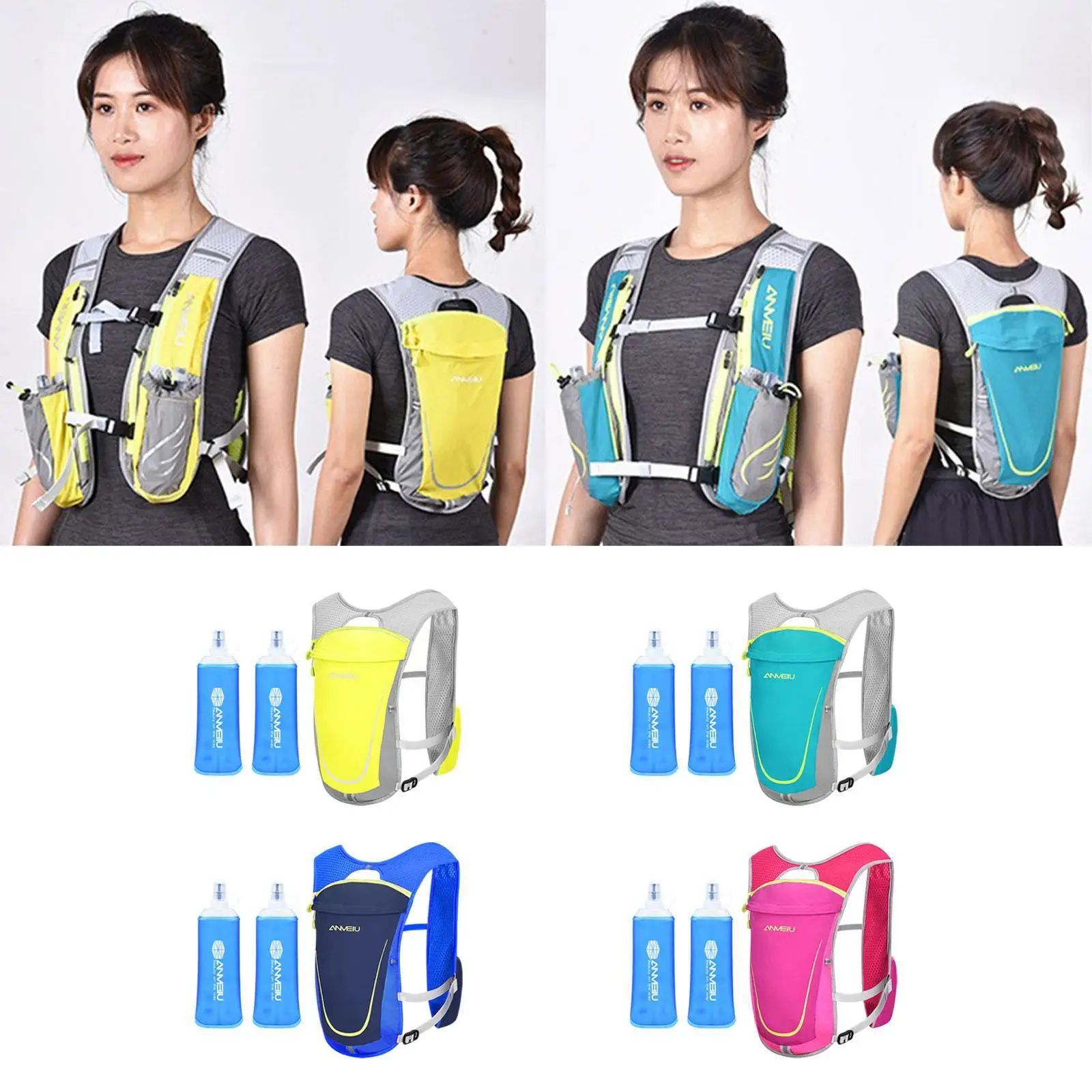 Hydration Vest Hydration Pack with 2Pcs 450ml Water Bladder Adjustable Reflective Hydration Bag for Hiking Outdoor Jogging