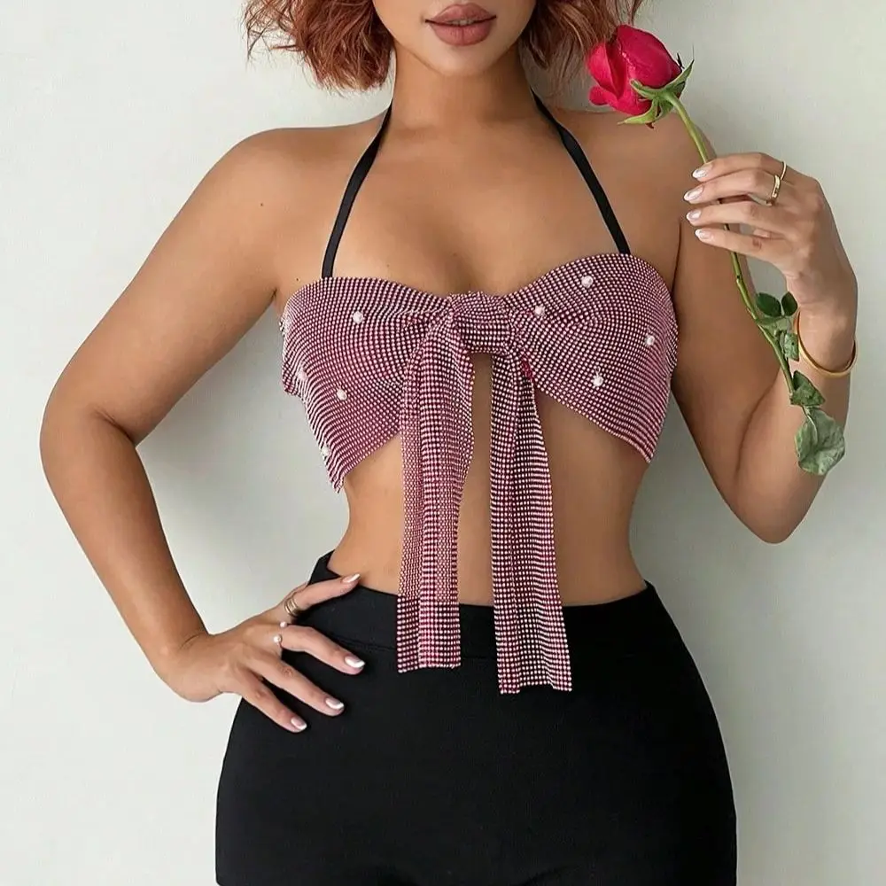

Summer Sexy Backless Bandage Halter Neck Crop Top Shiny Red Rhinestone Sequins Tank Top For Women Nightclub Party Camisole