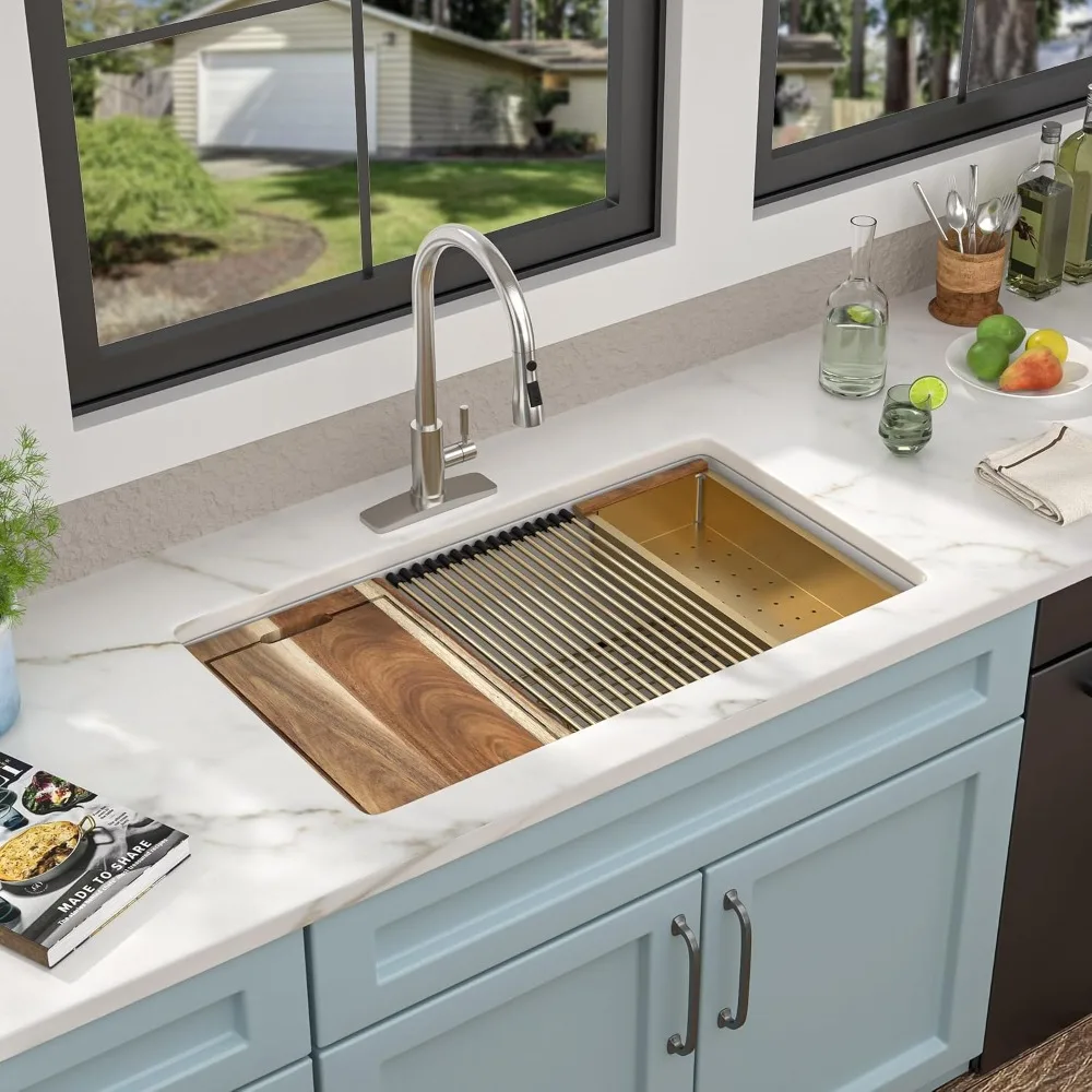 33x19 Granite Composite Kitchen Sink White Undermount Workstation Single Bowl Quartz