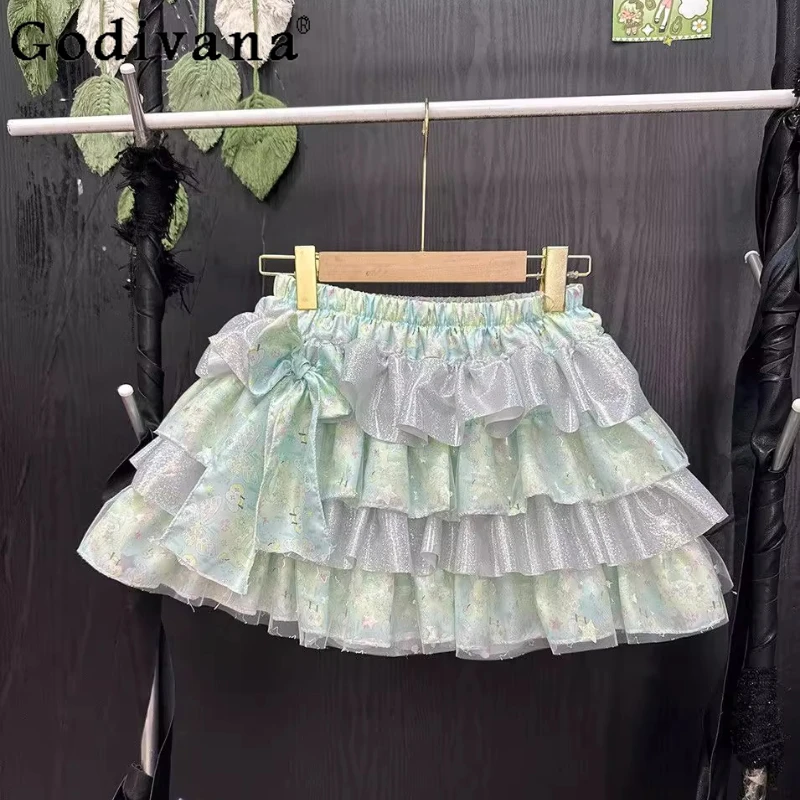 

Original Handmade Mini Skirt Ladies Green Print Dopamine Y2k Bow Fluffy Cake Skirt Women's Summer High Waist Mini Skirt