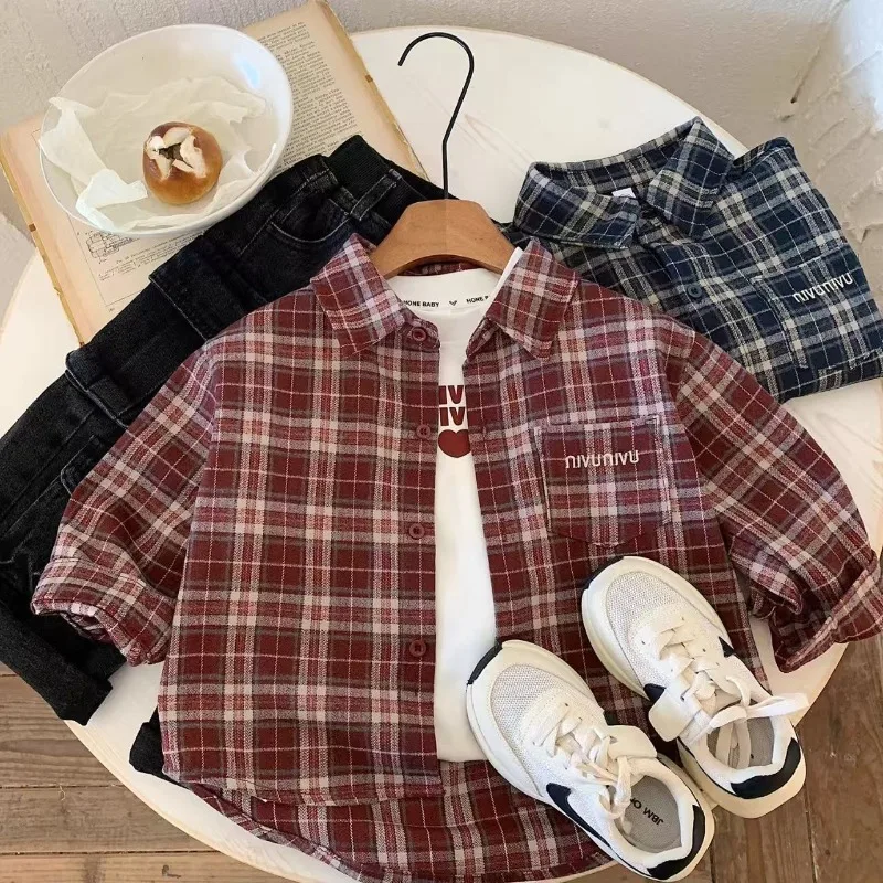 Kids' Korean Style Long Sleeve Plaid Shirt Spring Autumn Stylish Casual Wear for Baby Boys Girls Cotton