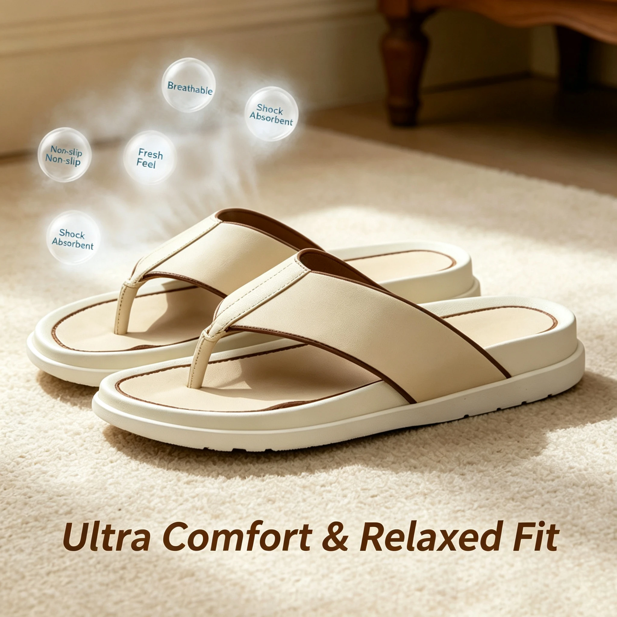 Men Genuine Leather Thong Flip Flops Contrast Brown Edge V Strap Thick Platform Non Slip Open Toe Sandals for Indoor Daily Wear