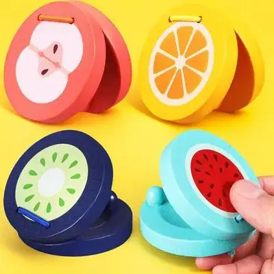 Castañuelas de percusión para niños pequeños, instrumentos musicales, patrón de fruta de dibujos animados, juguete para regalo educativo reutilizable, 4 Uds.