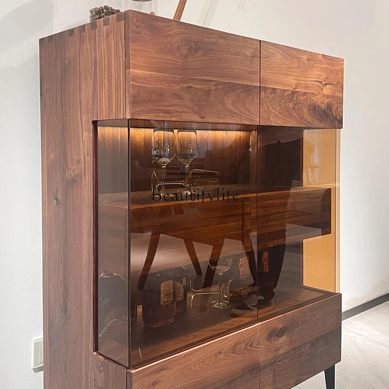 

yj9 -*Italian light luxury solid wood wine cabinet walnut glass locker against the wall