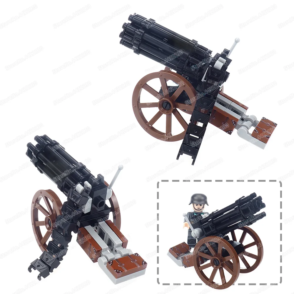 Military Wheel Gatling Gun Building Block Assembled Moc WW2 Figures Charge Weapons Equipment War Scenes Model Child Gift Boy Toy