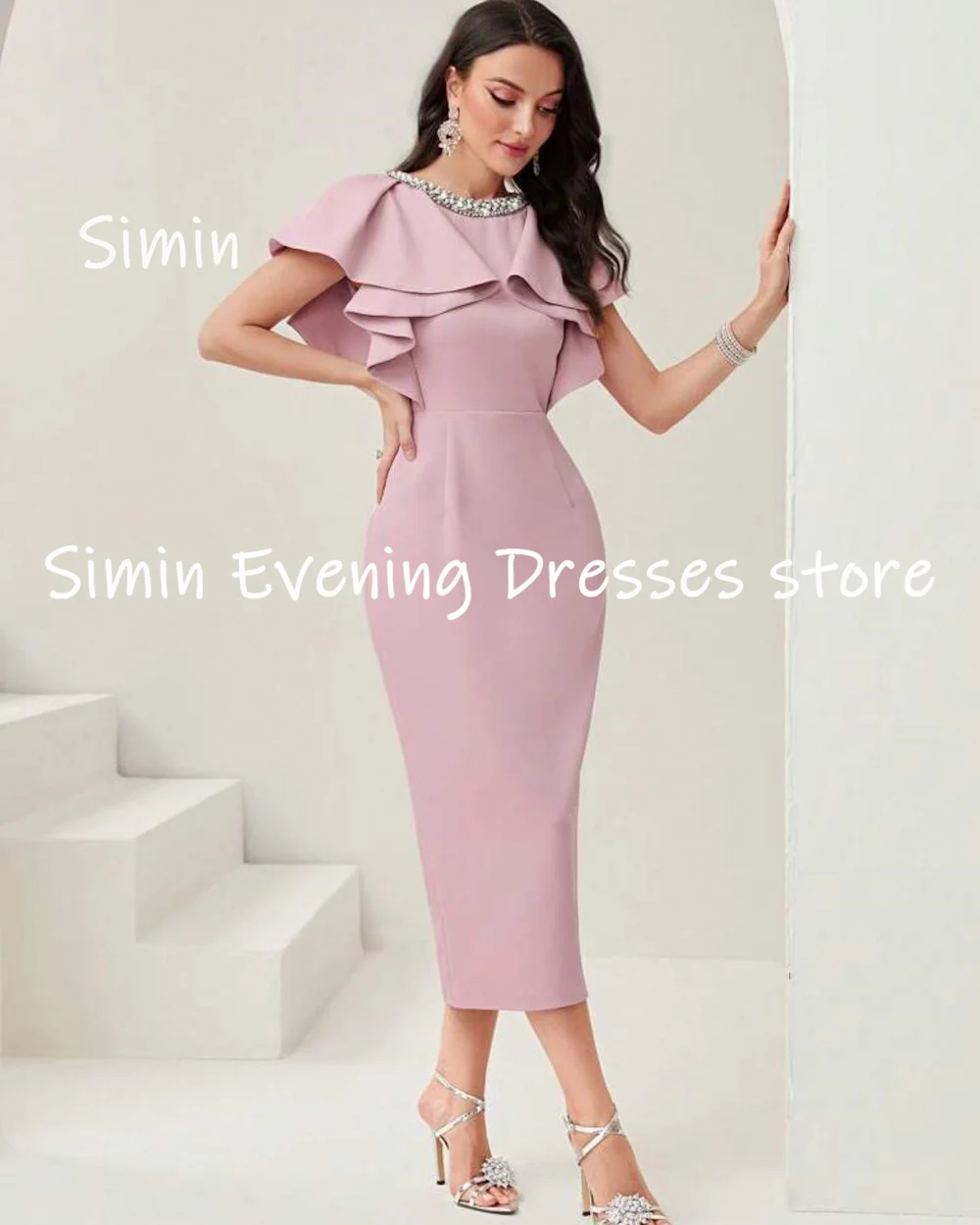 Simin Satin Mermaid Scoop Neckline Ruffle Populer Formal Prom Gown Ankle-length Evening Elegant Party dresses for women 2023