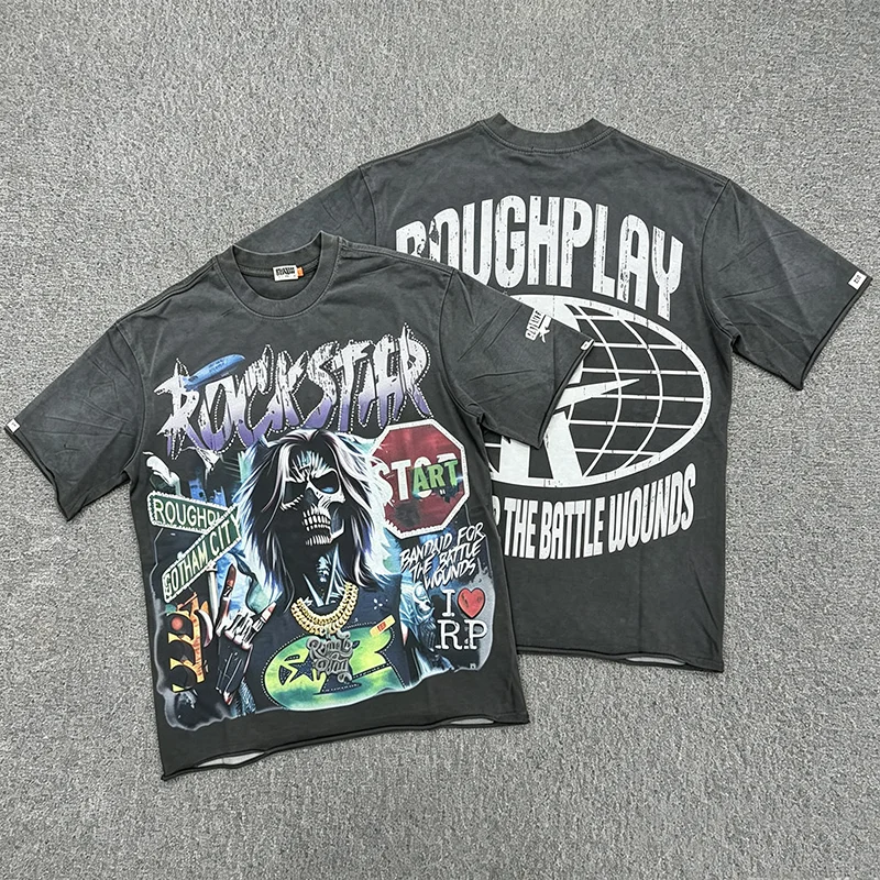 2026 Fashion New Rough Play Men T Shirt Simple Gotham City Rock Skull Print Crew Neck Loose Fit Streetwear Top