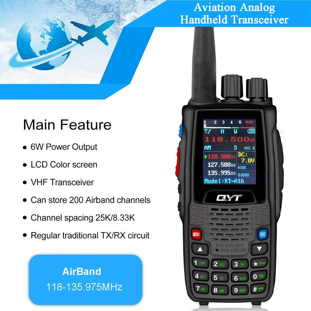 QYT KT-A16 Air Band Radio Tx118.000-136.999MHz Rx108.000-136.999MHz 6W High Power 200 Channel Handheld Transmit