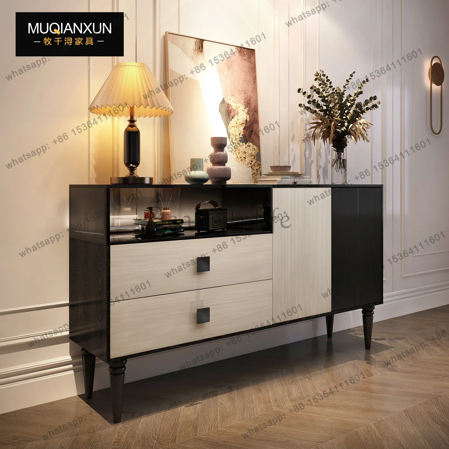 D25French vintage marble entrance cabinet villa living room villa style solid wood side cabinet