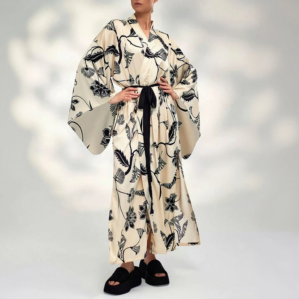 レディース フルプリント レースアップ 長袖 Vネック Aライン ワンピース 秋 ファッション バケーション ロングドレス