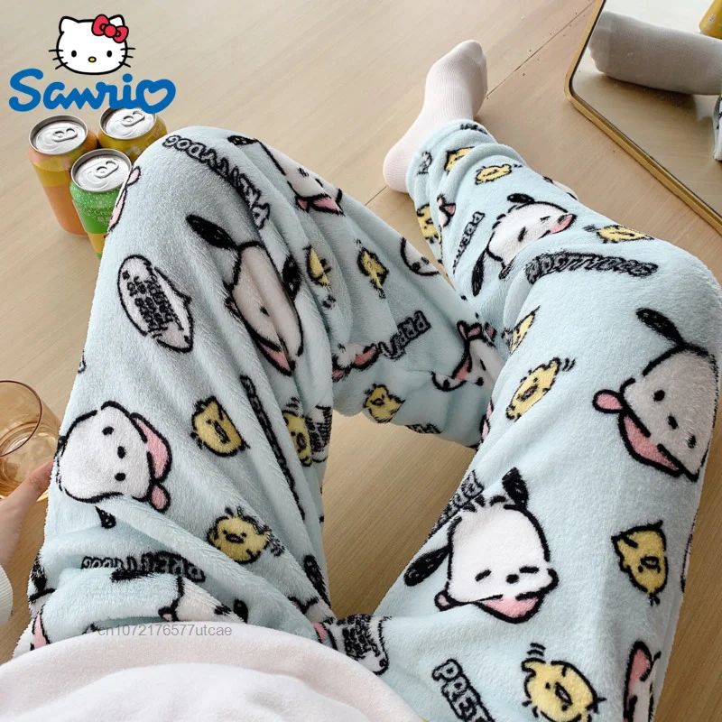 Sanrio Pochacco Plush Cotton Sleep Bottoms Cute Cartoon Flannel Sleeping Pants Women\'s Winter New Thicken Warm Casual Home Pants