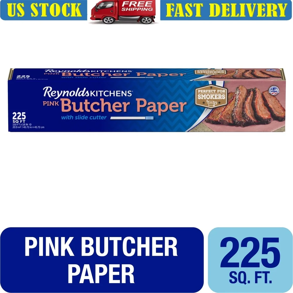 

Pink Butcher Paper Roll with Slide Cutter 225 Sq Ft FDA Compliant Smoking Meat Moisture Sealing Strong Unbleached 40lb