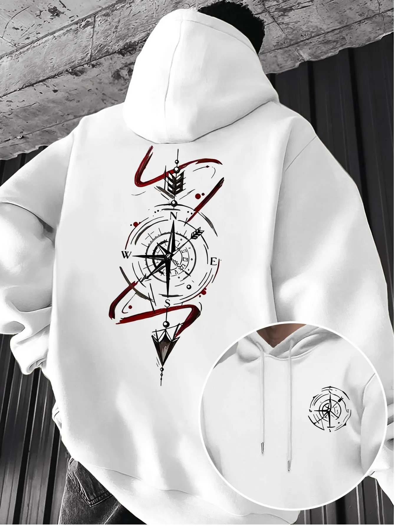 Adventure-themed men's hooded sweatshirt with compass arrow decoration print, casual and loose long-sleeved pullover shirt